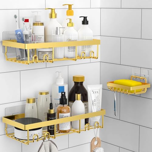 Moforoco 3-Pack Shower Caddy Basket Shelf with Soap Holder No Drilling Traceless Adhesive Shower Wall Shelves Rustproof Black Bathroom Shower Storage Organizer