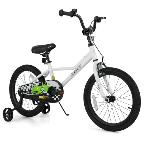 Olakids Kids Bike, 12 14 16 18 Inch Racing Car Themed Toddlers Bike with Training Wheels Adjustable Seat and Handlebar Coaster Brake and Handbrake, Children's Bicycle for Boys Girls (18 Inch, White)