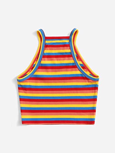Image of SHENHE Girl's Rainbow Striped Sleeveless Ribbed Knit Halter Cami Tank Crop Tops Red Multicolored 14Y