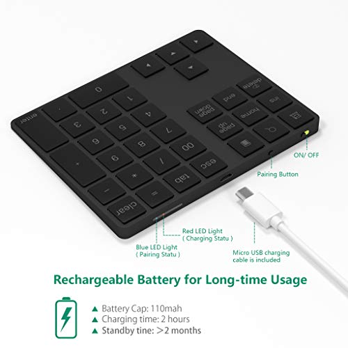 Rytaki Bluetooth Ziffernblock 34-Tasten kabellos Bluetooth Numpad wiederaufladbar Tastatur Numerische Tastatur für Computer Laptop Tablet Phone Pad Kompatibel mit Windows Surface Pro