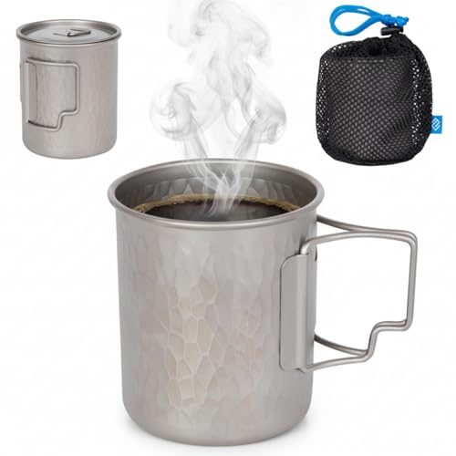 COOK'N'ESCAPE チタンマグカップ 450ml 槌目 軽量 無塗装 直火対応 ハンドル付き チタンカップ ソロキャンプ コーヒーカップ 食品衛生検査済 登山 アウトドア ギフト 防災 5年保証