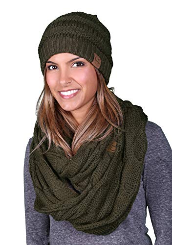 Funky Junque Women's Slouchy Beanie and Infinity Scarf Set Soft Chunky Knit Hat and Scarf for Women, Olive Green