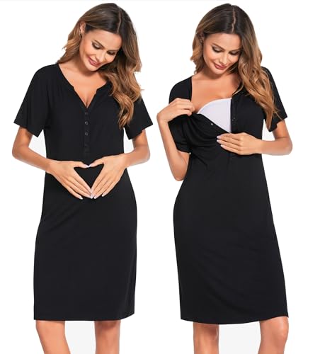 Image of Ekouaer Nursing Nightgown Striped Women Short Sleeve Breastfeeding Sleep Dress Maternity Delivery/Labor Gown