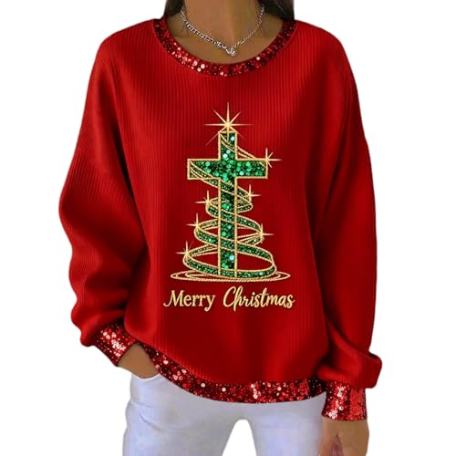 Women's Christmas Sweater with Sequin Trim, Red Holiday Pullover with Merry Christmas Tree Festive Long Sleeve Winter Top (US, Alpha, Large, Regular, Regular, 004)