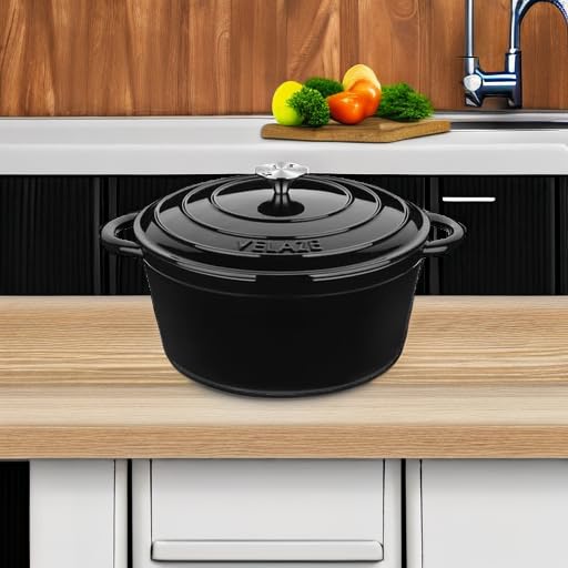 Velaze 7.5 QT Dutch Oven Pot with Lid, Enameled Cast Iron Dutch Oven with Dual Handles for Sourdough Bread Baking, Cooking, Non-stick Enamel Coated Cookware (Black) by Velaze - Used condition - Image 5