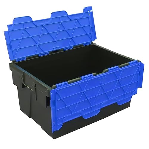 Image of Pack of 2 - Plastic 55 Litre Heavy Duty Storage Box Tote Crates (60 x 40 x 30.6cm) Plastor Black with Blue Attached Hinged Lids