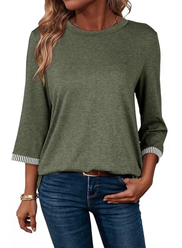 Dokotoo Summer 3/4 Length Sleeve Womens Tops Crewneck Oversized Tshirts for Women Outfits 2025 Fall Trendy Plus Size Fashion Clothes Business Casual Ladies Tops and Blouses Vineyard Green