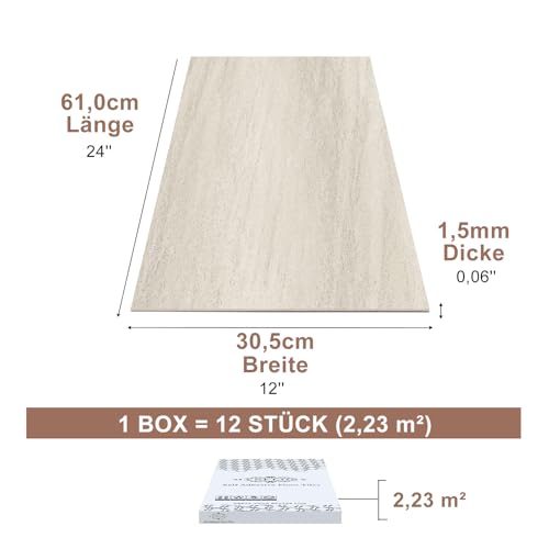 Mysflosy PVC Bodenbelag, Vinylboden selbstklebend wasserdicht, 61.0CM x 30.5CM DIY selbstklebende Fliesen für Küche, Badezimmer und Schlafzimmer, 12 Stück, Abdeckung 2,23 m²