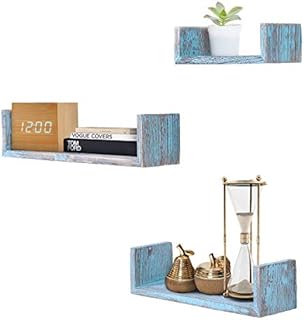 Rustic Wall Mounted U-Shaped Floating Shelves  Set of 3  Large, medium and Small  Screws and Anchors Included - Farmhouse Shelves for Bedroom, Living Room and more  Rustic Wall Décor - Blue