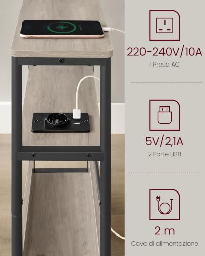VASAGLE Tavolino con Multipresa a 3 Ripiani, Tavolino Stretto per Piccoli Spazi, con Portariviste, per Salotto Camera da Letto Studio, Greige Melange e Nero Inchiostro LET335K05 - Immagine 5