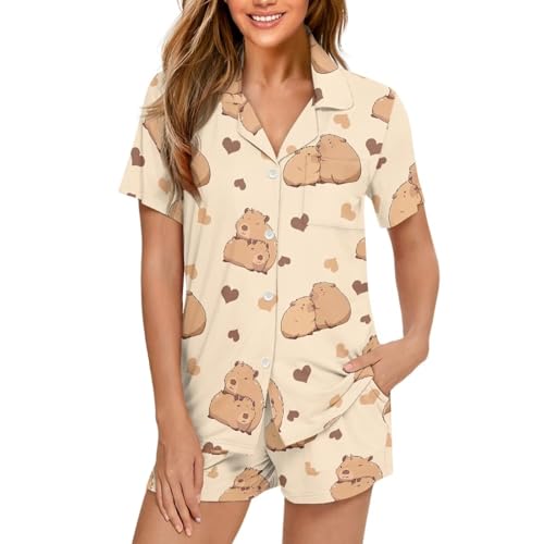 Image of Women's Short Sleeve Sleepwear Pajamas Nightwear with Pockets | skin-friendly breathable material resists pilling fading and deformation after repeated washing