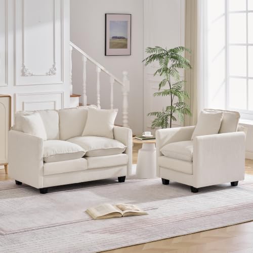 Image of Cloud 2 Pieces Sofa Set, 1+2 Seater Couch, Modern Sofas Sets with Deep Seat, Modular Sectional Couches Sets for Living Room, Bedroom, Small Apartment, Beige