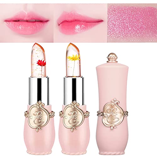 Crystal Flower Jelly Color Changing Lipstick,Long Lasting Lip Care Moisturizer Lip Balm Korean Magic Color Change Lip Gloss Lip Tint Stain Matte Makeup Jelly Crystal Lipstick Set For Women #TOP2