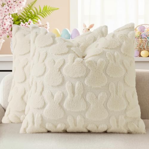 decorUhome Easter Bunny Pillow Covers 20x20 Inch Set of 2, Soft Plush Faux Wool Jacquard Beige Rabbit Cushion Covers, Farmhouse Neutral Spring Easter Holiday Decor for Couch Sofa Bed