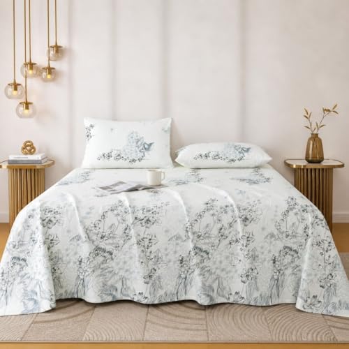Image of Jaipur Weaves Cotton King Size Bedsheet 108x108 Super King, 100% Pure Cotton Bed Sheet with 2 Pillow Covers, 240 TC Soft Breathable Floral Design Bedding - (Garden Blue, Super King)