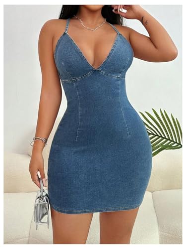 Floerns Women's Backless Criss Cross Denim Cami Dress Halter Neck Bodycon Mini Dresses2