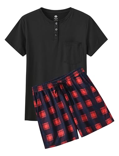 MoFiz Short Sleeve Pajama Sets for Women Plaid Pajama Shorts Set Soft Sleepwear Loungewear Sets 2 Piece Summer Pj Sets Short Pjs Set with Pockets L
