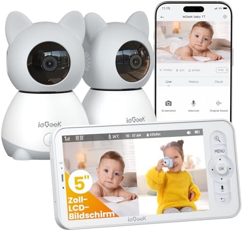 ieGeek 2K Babyphone 2 Kameras 5" WLAN Nachtsicht, App, PTZ, Zwei-Wege-Audio | Weinenerkennung/Bewegungserkennung/Temperaturanzeige