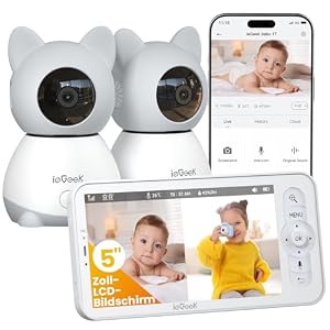 ieGeek 2K Babyphone mit 2 Kameras, 5 Zoll WLAN Video Babyfon mit Nachtsicht, Zwei-Wege-Audio, Weinenerkennung/Bewegungser... PTZ & Smartphone App