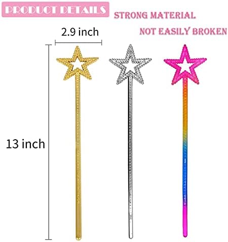 3 Pcs Fairy Wand, Princess Star Wands for Girls, Angel Fairy Wands Sticks for Christmas, Halloween, Birthday, Party, Masquerade Dress Up, Gift for Girls( Silver, Gold, Colour)