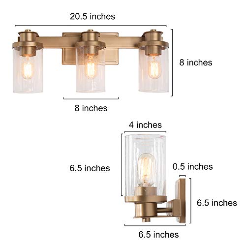 Image of KSANA Bathroom Vanity Light Fixture, 3-Light Gold With Seedy Glass Shade for Hallway (20.5'' x 6.5'' x 8'')