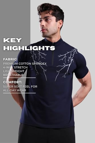 Image of GROW Stylish Gym T Shirts for Men Workout | Cotton and Spandex Quarter Zip Back Printed Collar T Shirts for Men Half Sleeves