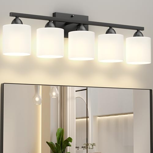 Image of Bathroom Black Lighting Fixtures Over Mirror, Anti-Rust 5-Light Bathroom Vanity Lights,Milky White Glass Shades