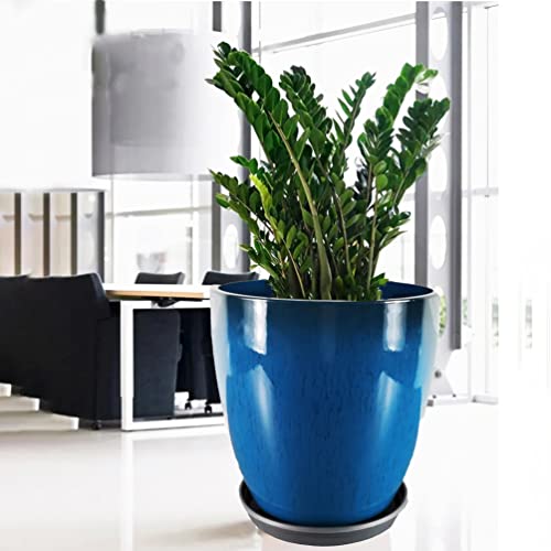 Fixturedisplays® Garden Plastic Round 11.8" Diameter 12" Tall Planter Resin Glazed Faux Ceramic Flower Pots Drainage Hole With Saucer Decorative Pot 15580-Npf #TOP1