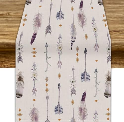 JanJCurt Boho Tribe Table Runner, Bohemian Aztec Tomahawk Ethnic Native Arrows Feathers Print Table Runner for Home Kitchen Dining Decor Indoor Outdoor Party, 13x120inch