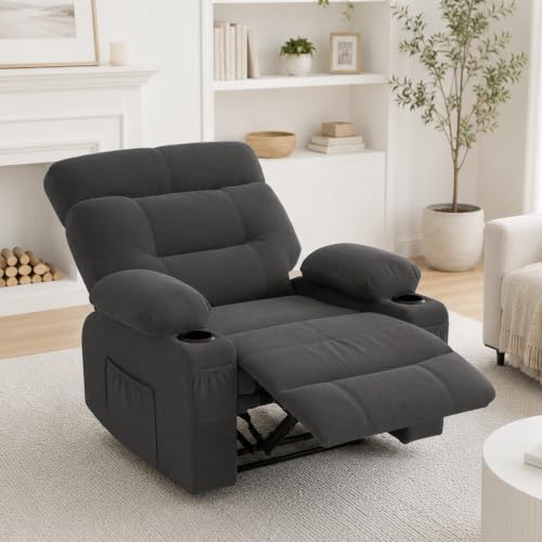 Gasee Manual Recliner Chair with Cup Holders for Living Room, Dark Gray | 110°-150° Recline, 30° Rocking, Oversized Seat, Cup Holders, Side Pockets, Lumbar Support