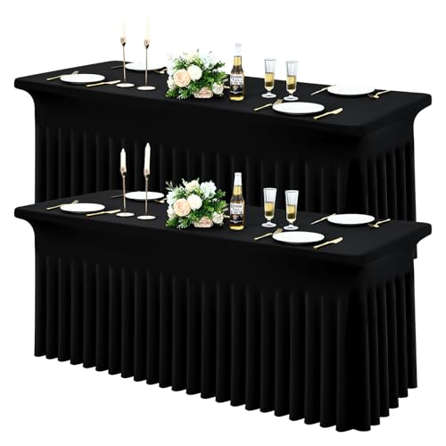 Moosfor Spandex Fitted 6FT Rectangle Tablecloth 2 Pack, Elastic Stretch Wrinkle Resistant Table Skirt, Washable Reusable Table Cover for Wedding, Banquet, Party, Events (Black, 72Lx30Wx30H Inch)