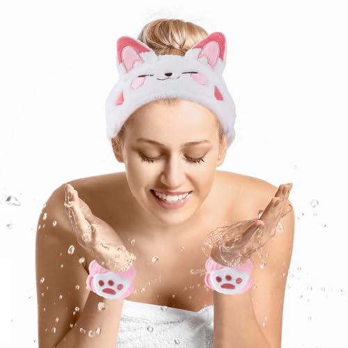 AOZUO Bande de Cheveux Cosmétique pour Maquillage et Lavage, Chat mignon Bande de Lavage de Poignet Élastique pour Le Visage pour Filles Femmes Yoga, Sports, Soins de la Peau Cosmétiques Douche(C) – vue 2