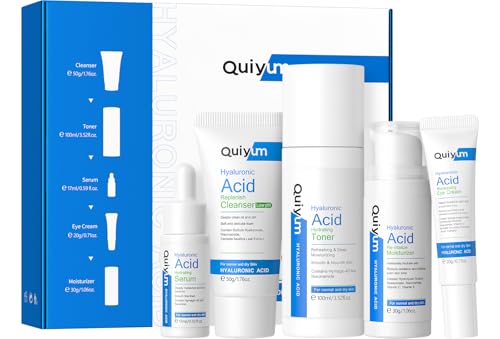 QUIYUM Acido Hialurónico Set de Cuidado Facial, Set Regalo Cuidado de la Piel Mujer, 5 Piezas Cuidado Facial Mujer Kit Regalo, con Leche Limpiadora Facial Tónico Crema para Ojos Suero y Crema Facial