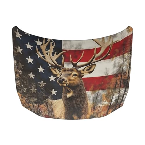 Image of Car Hood Cover Protector 59x39 inches Stretchable Auto Hood Wrap Blankets, Deer and American Flag Auto Outdoor Decorations for Compact SUV Sedans Trucks