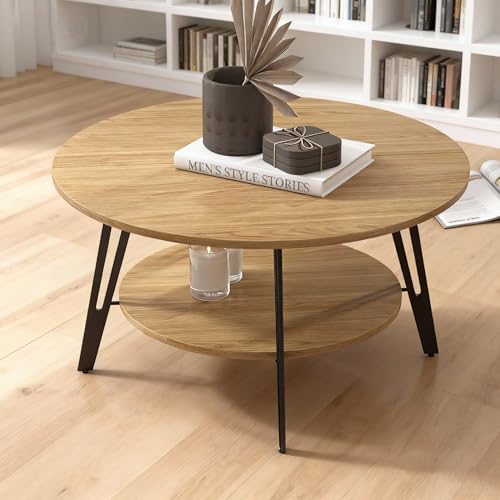 Manora Table Basse Ronde, Table Basse Bois, Table Basse de Salon Scandinave avec Rangement, Petite Table Basse Industrielle Moderne à 2 Niveaux, avec...