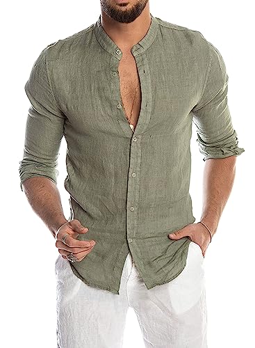 Evoga Camisa de los hombres de Lino de Manga Larga Slim Fit Casual de Verano Coreano, Verde, S