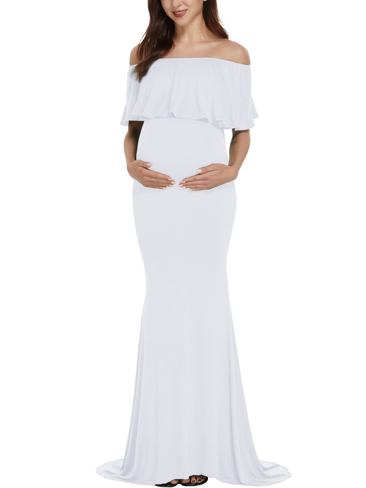 Photo 1 of Love2Mi Womens Off Shoulder Maternity Dress for Photoshoot Mama Ruffles Photography Dress Slim Fitted Gown for Baby Shower 03 COLOR White, SIZE Small