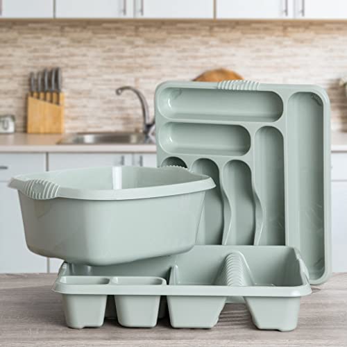 TENLITE Set of 3 - Large Rectangular Washing Up Bowl With Dish Drainer & 7 Compartments Cutlery Tray for Home Kitchen Utensils (Silver Sage)