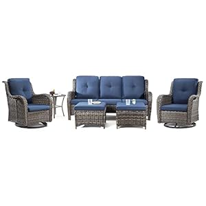 Joyside Wicker Patio Furniture Set 6 Piece Set with 1 Three-Seat Sofa, 2 Swivel Rocker Chairs, 2 Ottomans and 1 Side Table, Outdoor Furniture Patio Conversation Sets(Mixed Grey/Blue)