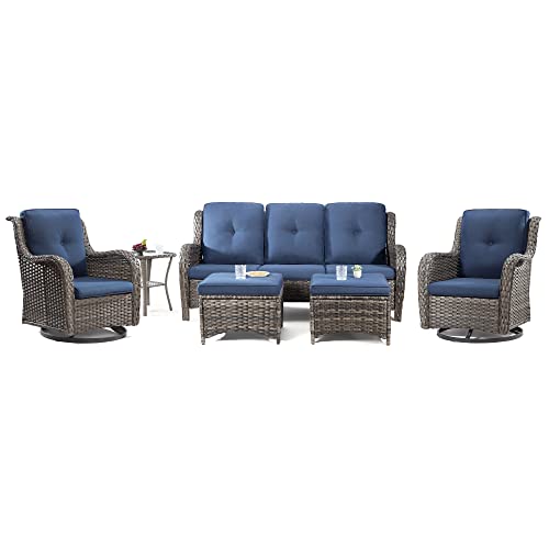 Joyside Wicker Patio Furniture Set 6 Piece Set with 1 Three-Seat Sofa, 2 Swivel Rocker Chairs, 2 Ottomans and 1 Side Table, Outdoor Furniture Patio Conversation Sets(Mixed Grey/Blue)