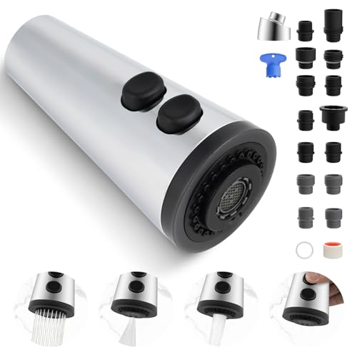 Hibbent Pull Down Faucet Head Replacement, 4-Function Kitchen Sink Spray Nozzle Replacement with 15 Adapters, Compatible with Moen, American Standard, Delta, Kohler Faucets, Chrome