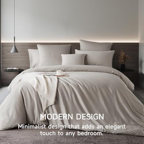 YASMENG Tan Cooling Duvet Cover Set Queen 100% Long Staple Cotton Sateen Bedding Set Soft Breathable Silky Smooth Comforter Cover Luxury Modern Minimalism Bedroom Decor for All Seasons by YASMENG - Image 5