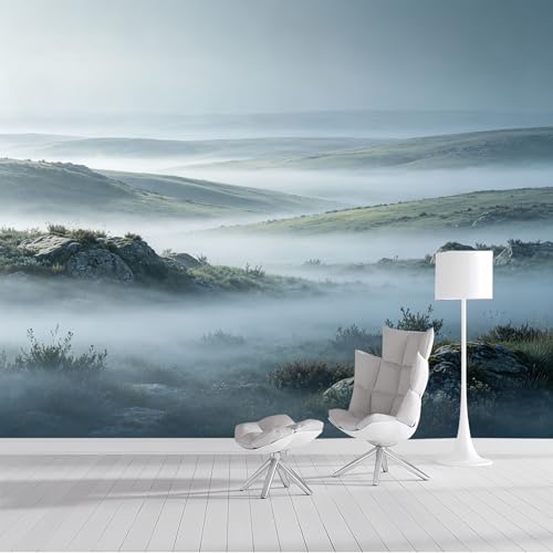 Image of Custom Size Wall Mural Misty Mountain Meadow Morning Fog Landscape SelfAdhesive Wall Fabric Removable Peel and Stick Wallpaper Wall Decor for Living Room Bedroom Bathroom