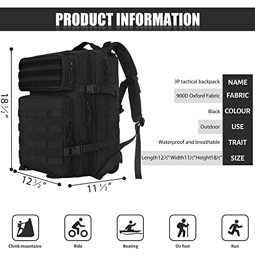 OUUTMEE 35L Tactical Bag, Military Bag for Men, Pack Army Assault Pack 3 Day Shelter Survival Pack, Large Capacity for Hiking Travel Backpack Daily Work Outdoors Sports Backpack-Black