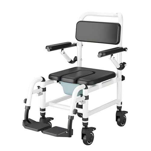 NJUN Silla Ducha con Ruedas, Silla WC Personas Mayores con Altura Ajustable 45-50CM, Silla de Transporte de Baño de Aleación de Aluminio con Hochklappbare Arme,Reposapiés Abatibles y Asiento Acolchado
