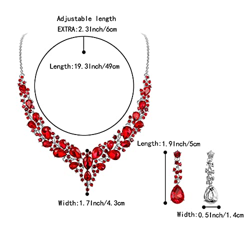 BriLove Wedding Bridal Jewelry Set for Women Austrian Crystal Teardrop Cluster Statement Necklace Dangle Earrings Ruby Color Silver-Tone - Thumbnail 5