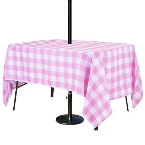 Poise3EHome Rectangle Outdoor Tablecloth with Umbrella Hole and Zipper,Pink and White Gingham 84x60 Inch,SpillProof Washable Table Cloth for Spring Summer Patio Garden Poolside Picnic Camping BBQS