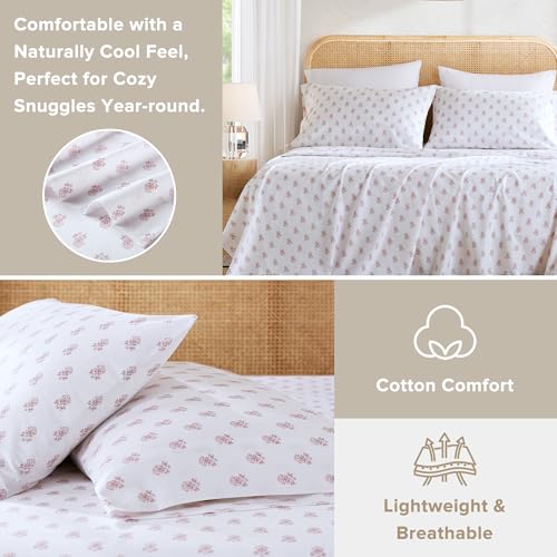 Comfort Spaces 100% Cotton Sheets Queen, Breathable, Naturally Cool Cotton Sheets, Soft Cotton Bed Sheets with 14" Elastic Pocket Fits up to 16" Mattress, All Seasons Sheet Set, Floral Pink 4 Piece
