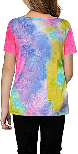 Ecokauer Girls Casual Tunic Tops Tie Dye Short Sleeve Loose Soft Girls' Tops, Tees & Blouses For Children T-Shirt With Knot Front Tees Size 8-9 Multicolor Rose #TOP1
