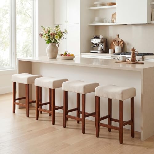 Image of COSTWAY Wooden Saddle Stools Set of 4, 25-inch Backless Counter Height Chairs with Rubber Wood Frame, Footrest, Max Load 330 Lbs, Upholstered Bar Stools for Kitchen Island, Light Beige+Brown
